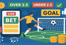 imagem ilustrativa mostrando under e over e aposta ao vivo, com homem ao fundo fazendo um gol. apostasemfoco