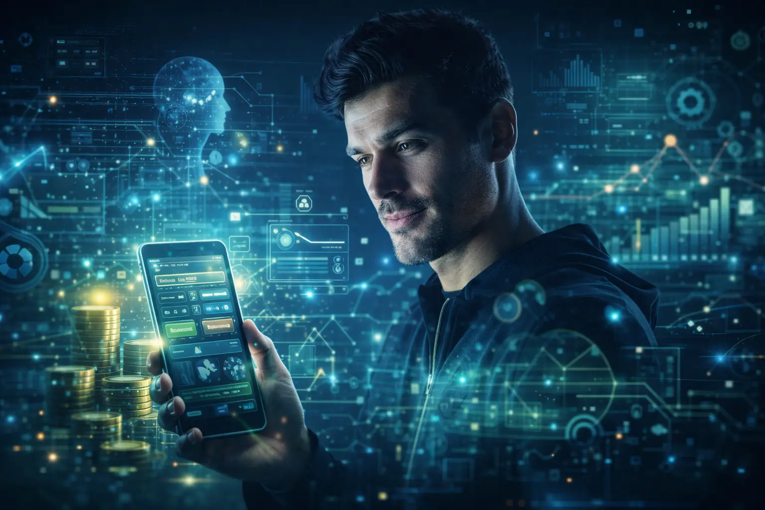 Homem segurando celular, dentro do mundo das apostas